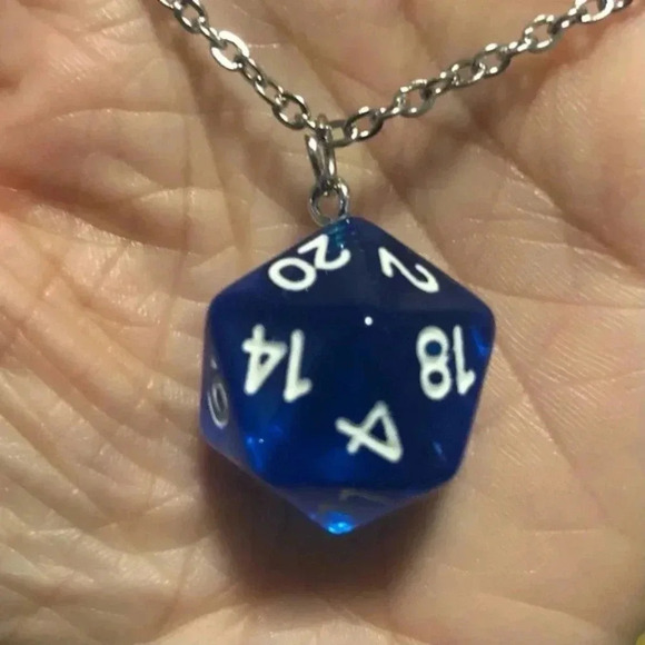 Blue 20 Sided Die D&D Dungeons and Dragons Stainless Steel Necklace - Picture 1 of 4